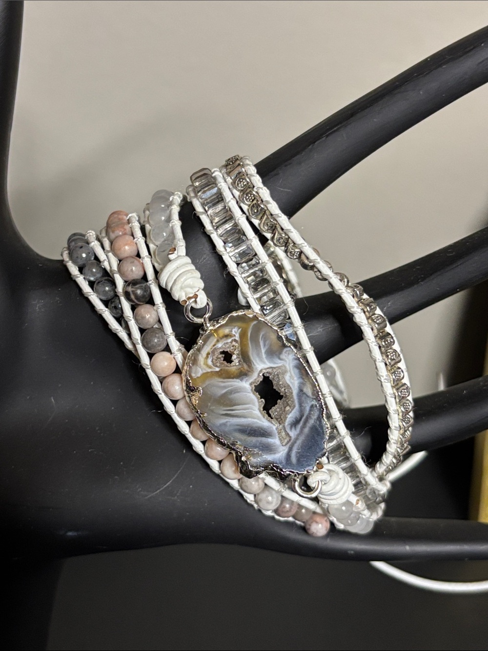Natural Labradorite White Leather Agate Glass Wrap Bracelet Boho Festival